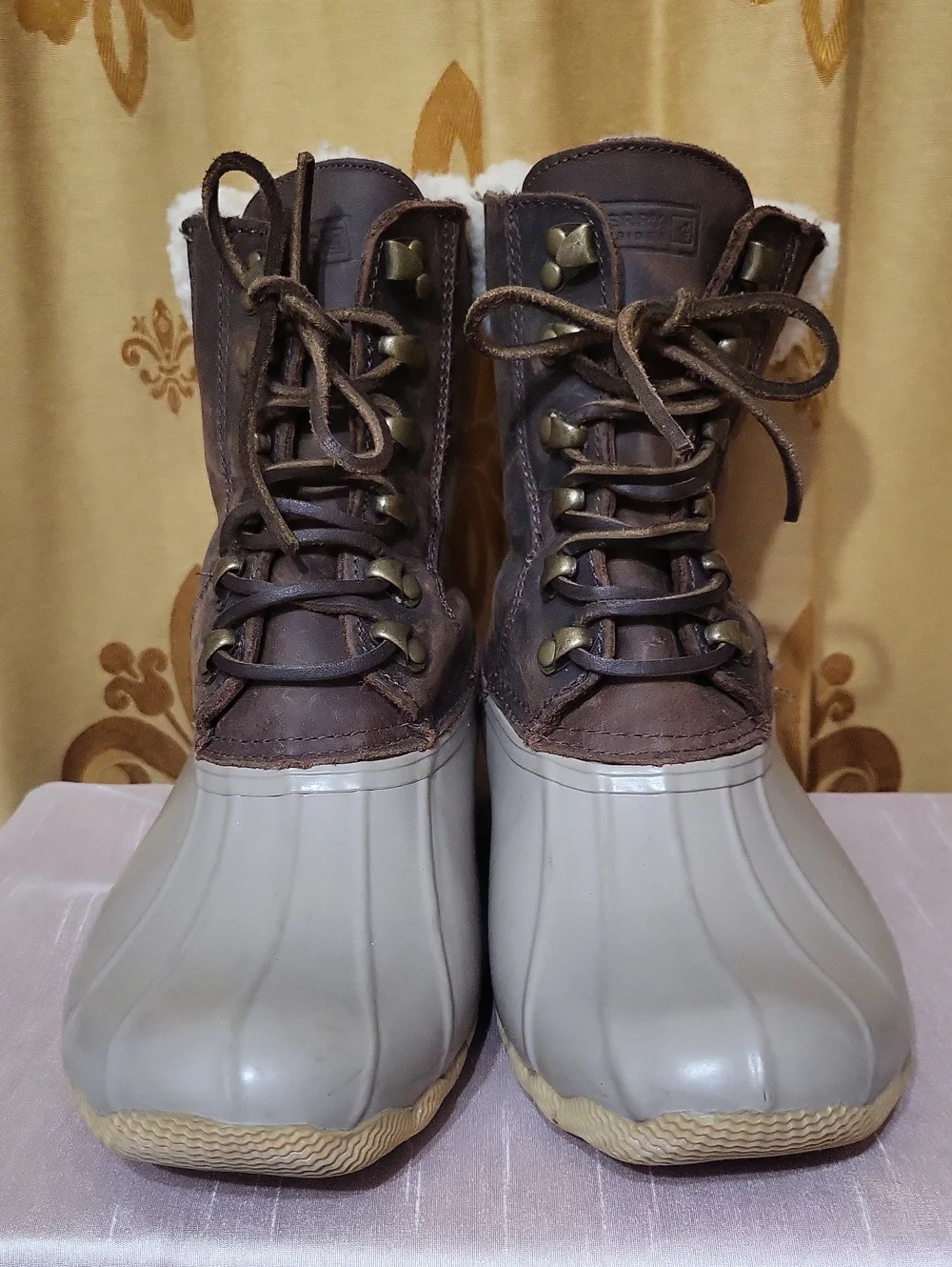 Sperry Brown Leather and Gray Duck Boots with Wool Lining